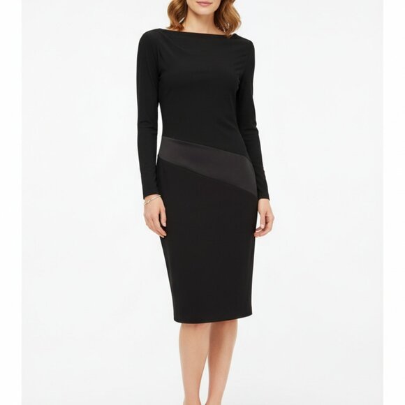 VANESSA BRUNO Draped Sheath Satin Band Long Sleeve Boat Neck Black Midi Dress 38 - Picture 1 of 11